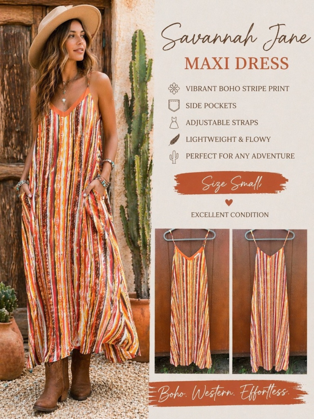 Savanna Jane Boho Maxi Dress Small Orange Stripe Sleeveless Flowy Pockets